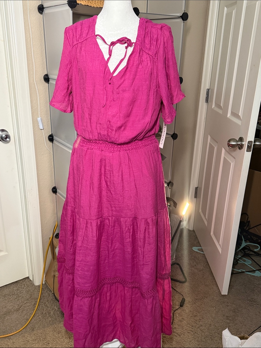 Luxology Hot Pink Tie-Front Tiered Maxi Dress